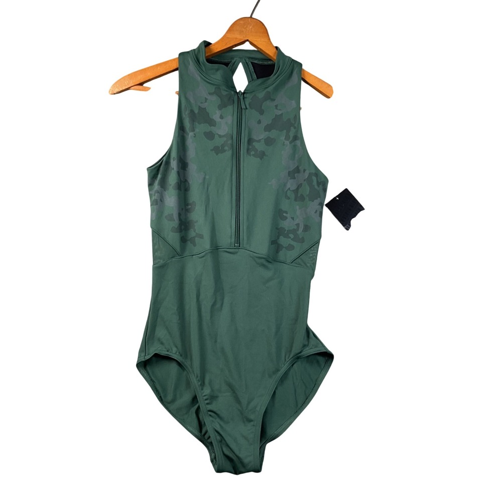 Bloch Leotard Womens Small Green NEW Camo Zip Front Keyhole Back Tank L1305